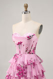 Pink Floral A Line Strapless Tiered Corset Homecoming Dress with Lace Up Back
