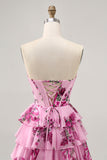 Pink Floral A Line Strapless Tiered Corset Homecoming Dress with Lace Up Back