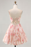 Blush Floral A Line Cut Out Corset Printed Homecoming Dress