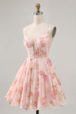 Blush Floral A Line Cut Out Corset Printed Homecoming Dress