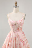 Blush Floral A Line Cut Out Corset Printed Homecoming Dress