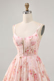 Blush Floral A Line Cut Out Corset Printed Homecoming Dress