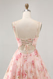 Blush Floral A Line Cut Out Corset Printed Homecoming Dress