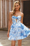 White Blue Flower Strapless Tiered Corset Homecoming Dress