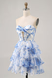 White Blue Flower Strapless Tiered Corset Homecoming Dress