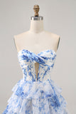White Blue Flower Strapless Tiered Corset Homecoming Dress
