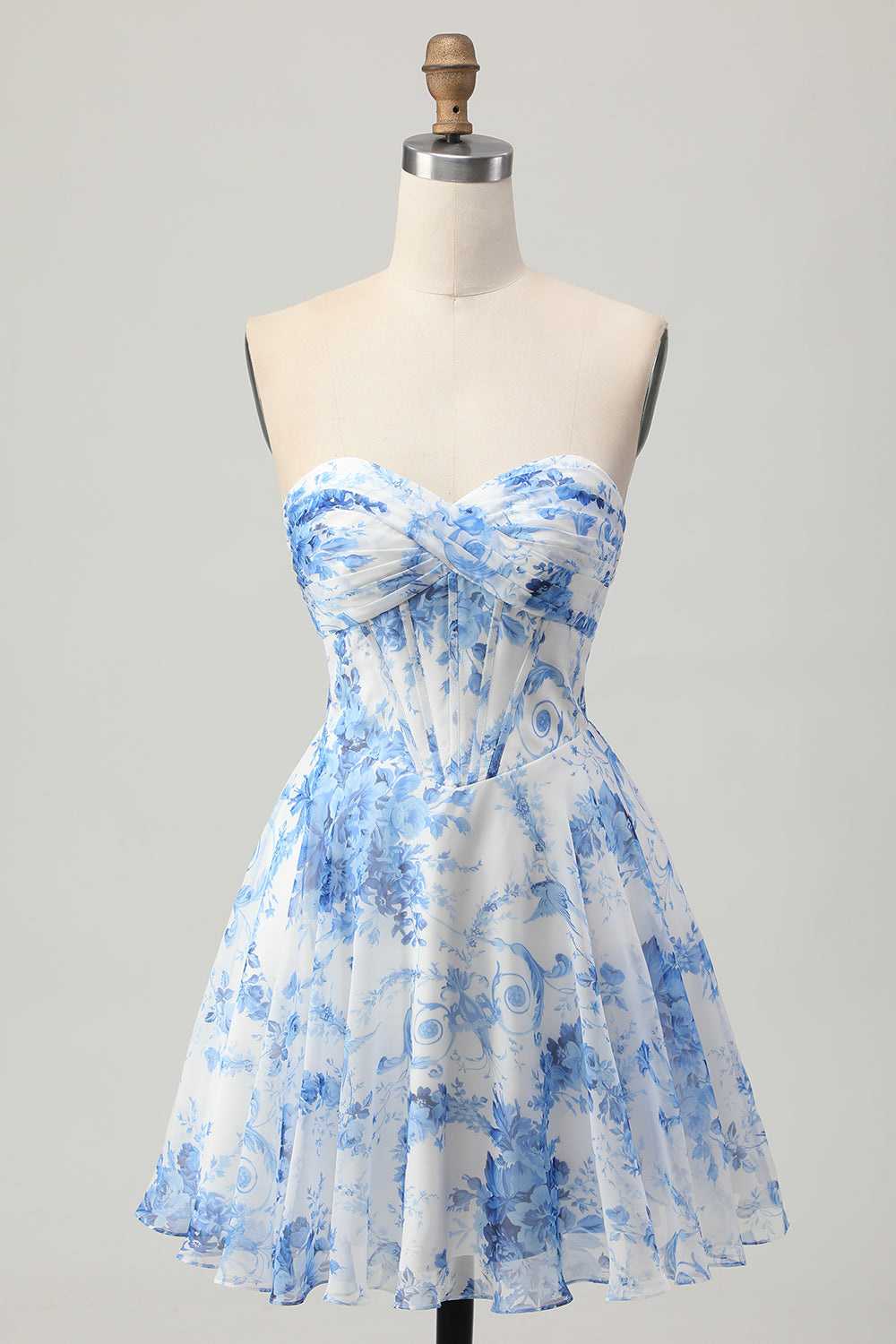 Berylove Women White Blue Floral Homecoming Dress Strapless A Line Corset Cocktail Dress Berylove Women White Blue Floral Homecoming Dress Strapless A Line Corset Cocktail Dress