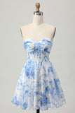 White Blue Floral A Line Strapless Corset Homecoming Dress