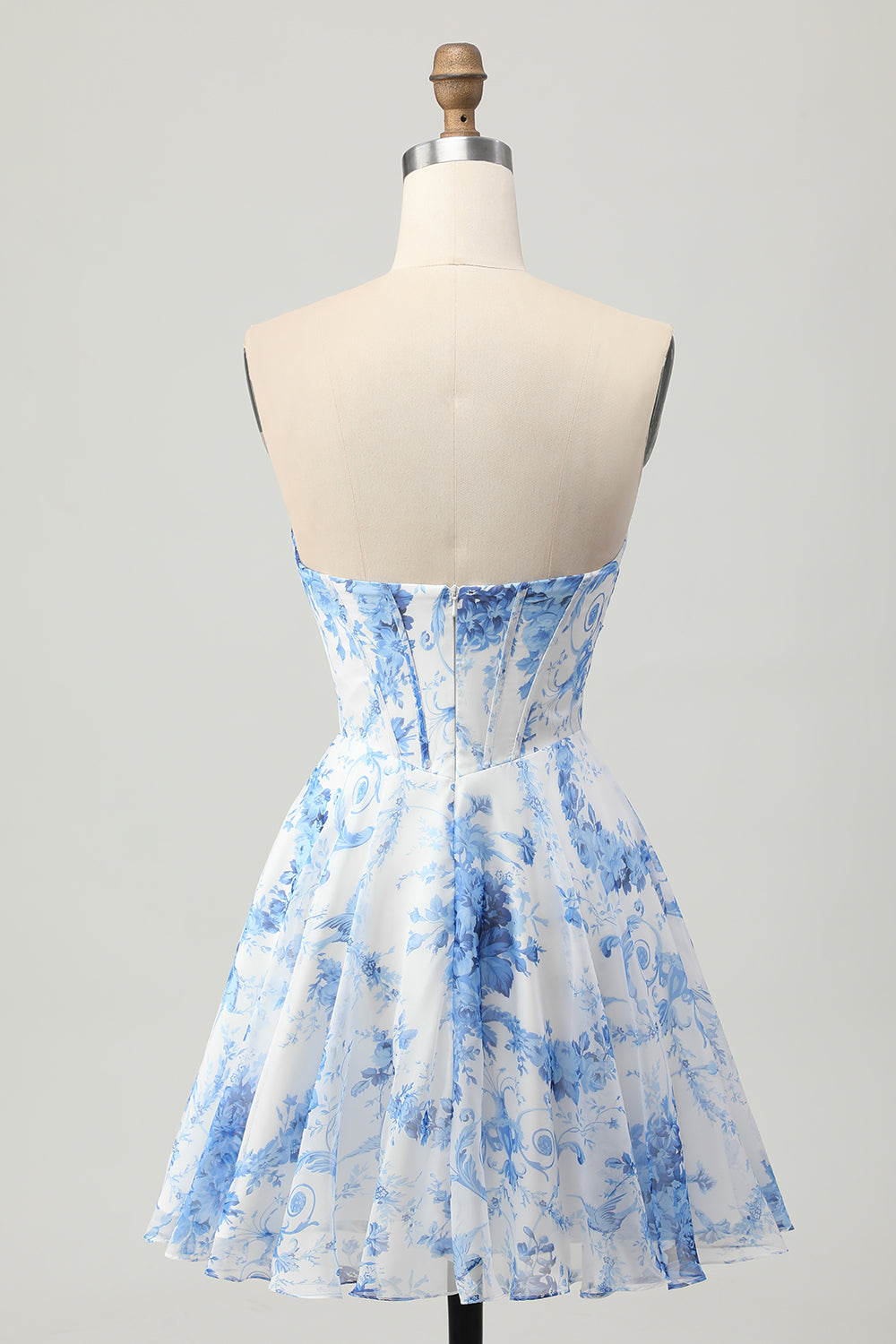 Berylove Women White Blue Floral Homecoming Dress Strapless A Line Corset Cocktail Dress Berylove Women White Blue Floral Homecoming Dress Strapless A Line Corset Cocktail Dress