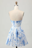 White Blue Floral A Line Strapless Corset Homecoming Dress
