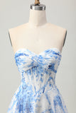 White Blue Floral A Line Strapless Corset Homecoming Dress