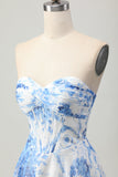 White Blue Floral A Line Strapless Corset Homecoming Dress