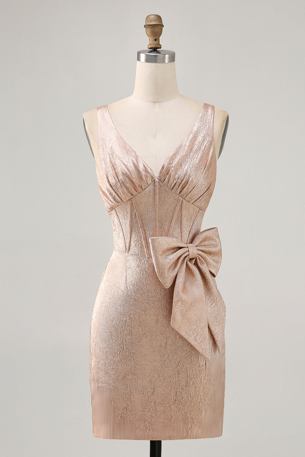Berylove Women Champagne Homecoming Dress Satin Corset V-Neck Mini Bodycon Cocktail Dress with Bow, Champagne / US26W Berylove Women Champagne Homecoming Dress Satin Corset V-Neck Mini Bodycon Cocktail Dress with Bow, Champagne / US26W
