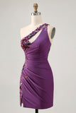 Dark Purple One Shoulder Sequin Bodycon Homecoming Dress with Slit