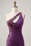 Dark Purple One Shoulder Sequin Bodycon Homecoming Dress with Slit