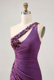 Dark Purple One Shoulder Sequin Bodycon Homecoming Dress with Slit