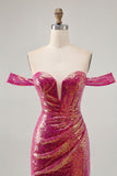 Sparkly Fuchsia Off The Shoulder Bodycon Homecoming Dress