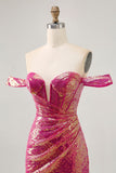 Sparkly Fuchsia Off The Shoulder Bodycon Homecoming Dress