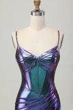 Blue Purple Bodycon Corset Ruched Metallic Homecoming Dress
