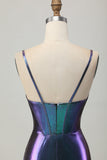 Blue Purple Bodycon Corset Ruched Metallic Homecoming Dress