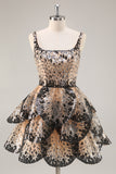 Sequin Tiered Black Apricot A Line Homecoming Dress