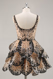 Sequin Tiered Black Apricot A Line Homecoming Dress