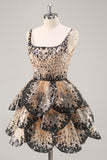 Sequin Tiered Black Apricot A Line Homecoming Dress