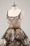Sequin Tiered Black Apricot A Line Homecoming Dress