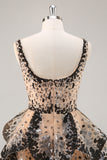 Sequin Tiered Black Apricot A Line Homecoming Dress