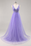 Beaded Purple Glitter A Line Prom Dress