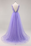 Beaded Purple Glitter A Line Prom Dress