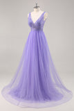 Beaded Purple Glitter A Line Prom Dress