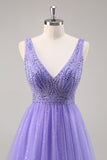 Beaded Purple Glitter A Line Prom Dress