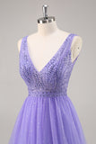 Beaded Purple Glitter A Line Prom Dress
