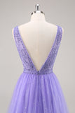 Beaded Purple Glitter A Line Prom Dress
