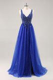 Glitter Royal Blue A Line Appliqued Prom Dress with Slit