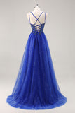 Glitter Royal Blue A Line Appliqued Prom Dress with Slit