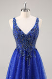 Glitter Royal Blue A Line Appliqued Prom Dress with Slit
