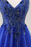 Glitter Royal Blue A Line Appliqued Prom Dress with Slit