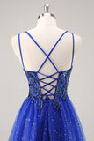 Glitter Royal Blue A Line Appliqued Prom Dress with Slit
