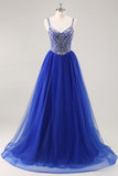 Royal Blue A Line Tulle Prom Dress with Beading