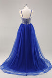 Royal Blue A Line Tulle Prom Dress with Beading