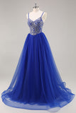 Royal Blue A Line Tulle Prom Dress with Beading