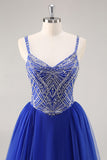 Royal Blue A Line Tulle Prom Dress with Beading