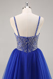 Royal Blue A Line Tulle Prom Dress with Beading