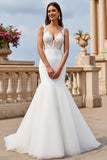 Mermaid Lace Ivory V-Neck Long Wedding Dress