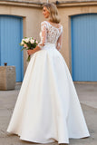 Ivory A Line V-Neck Floor Length Wedding Dress with Lace