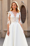 Ivory A Line V-Neck Floor Length Wedding Dress with Lace