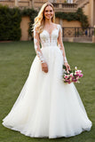 V-Neck A Line Long Sleeve Ivory Wedding Dress with Appliques