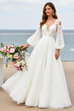 Ivory A Line Long Sleeve Wedding Dress with Appliques